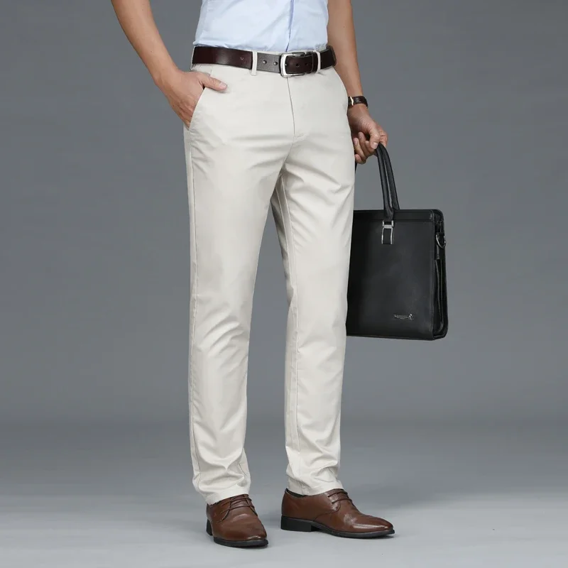 Autumn Casual Men\'s Lyocell High Stretch Business Suit Pants Classic Male Beige Elastic Waist British Style Trousers Plus Size