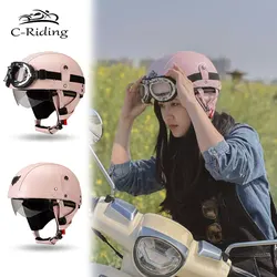 Retro Motorcycle Helmet PU Leather Moto Helmets Men Women Half Helmet HD Lens Casco Four Seasons Riding Scooter Capacetes