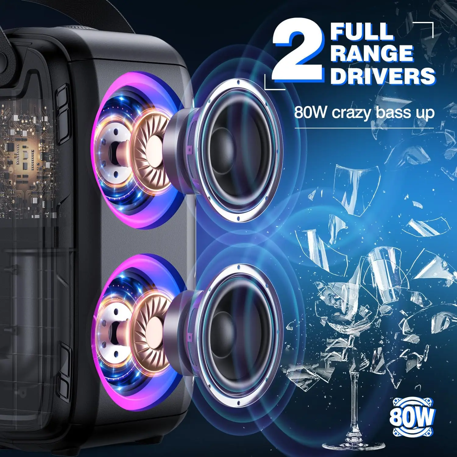 W-KING T9-2 80W RMS – przenośne głośniki Bluetooth do użytku na imprezach, bezprzewodowy boombox z dwoma głośnikami (2 x 4,04 cala), głośny dźwięk 105 dB, idealny do organizacji dużych imprez. — zdjęcie produktu 6