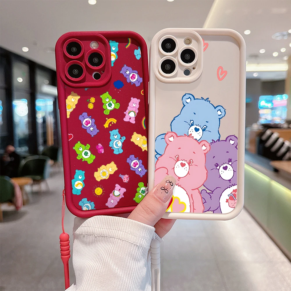 Cute Cartoon C-Cares Bears Phone Case for OPPO A7 A16 A17 A38 A53 A54 A55 A58 A72 A74 A76 A78 A94 A98 5G Cover With Hand Strap