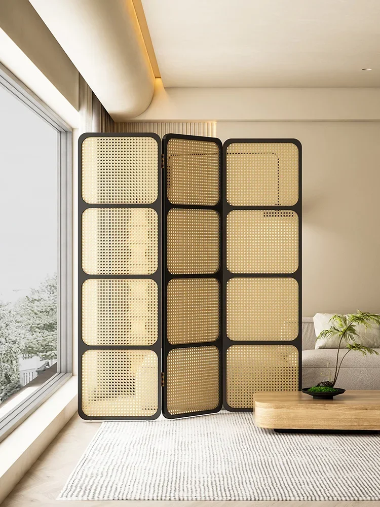 Chinese checkered rattan woven screen partition wall, folding screen,  simple and modern folding, mobile