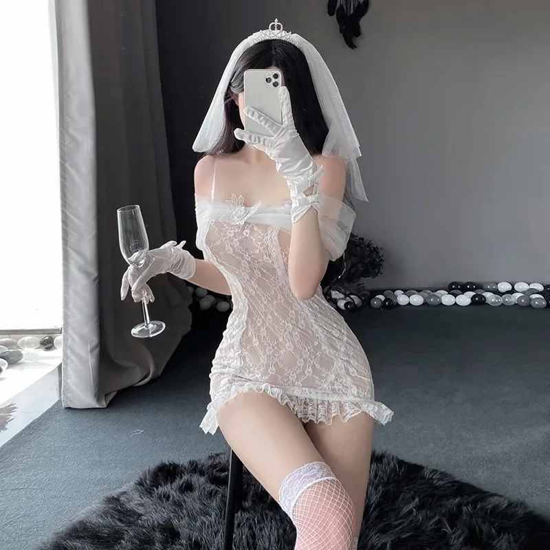 Sexy Bridal Lingerie Lace Mesh See Through Bodysuit Cosplay Costume Hollow Nightdress Bride Uniform Role Play Underwear Outfits