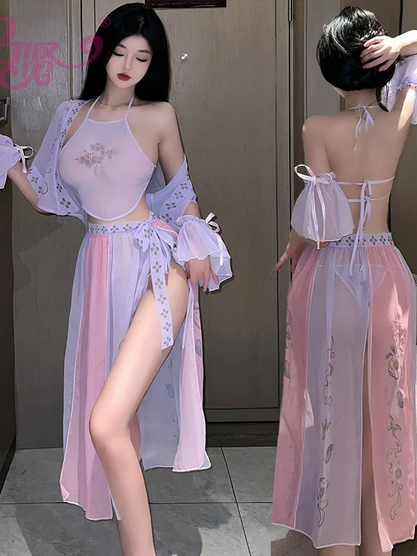 Mesh Lace Sheer Purple Dress 3 Piece Tops Women Transparent Sexy Hanfu Uniform Cosplay Shirt Dress Elegant Fashion 2023 Tops P8I