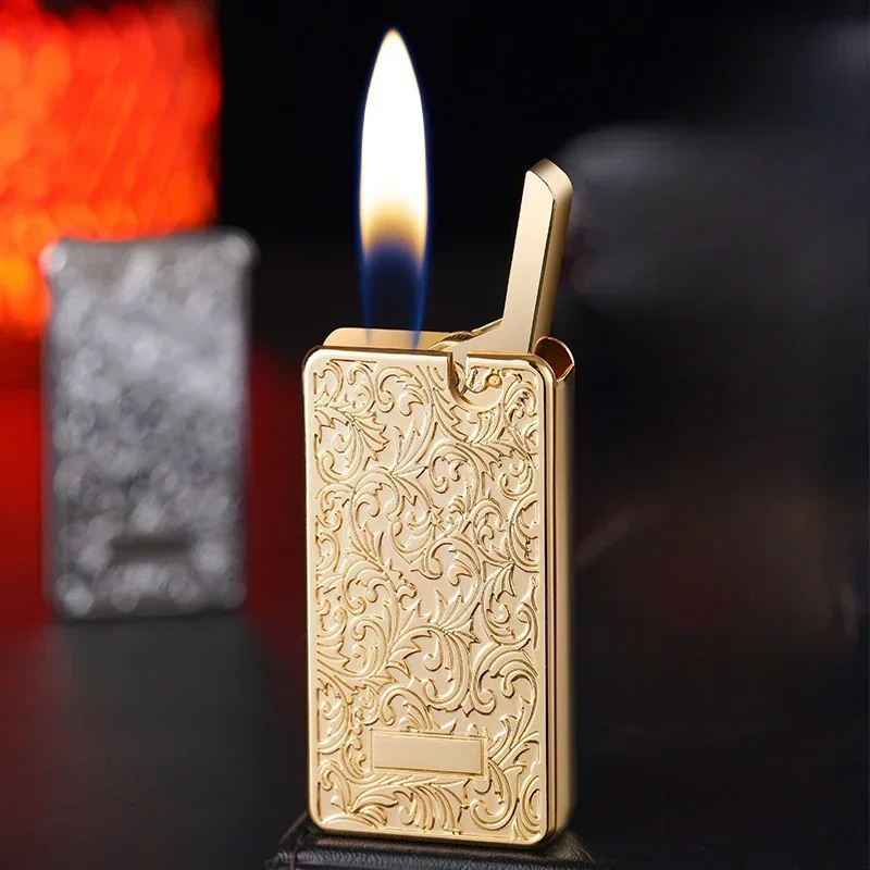 Mechanical one-button ejection ignition butane gas lighter electroplated three-dimensional relief open flame fashion