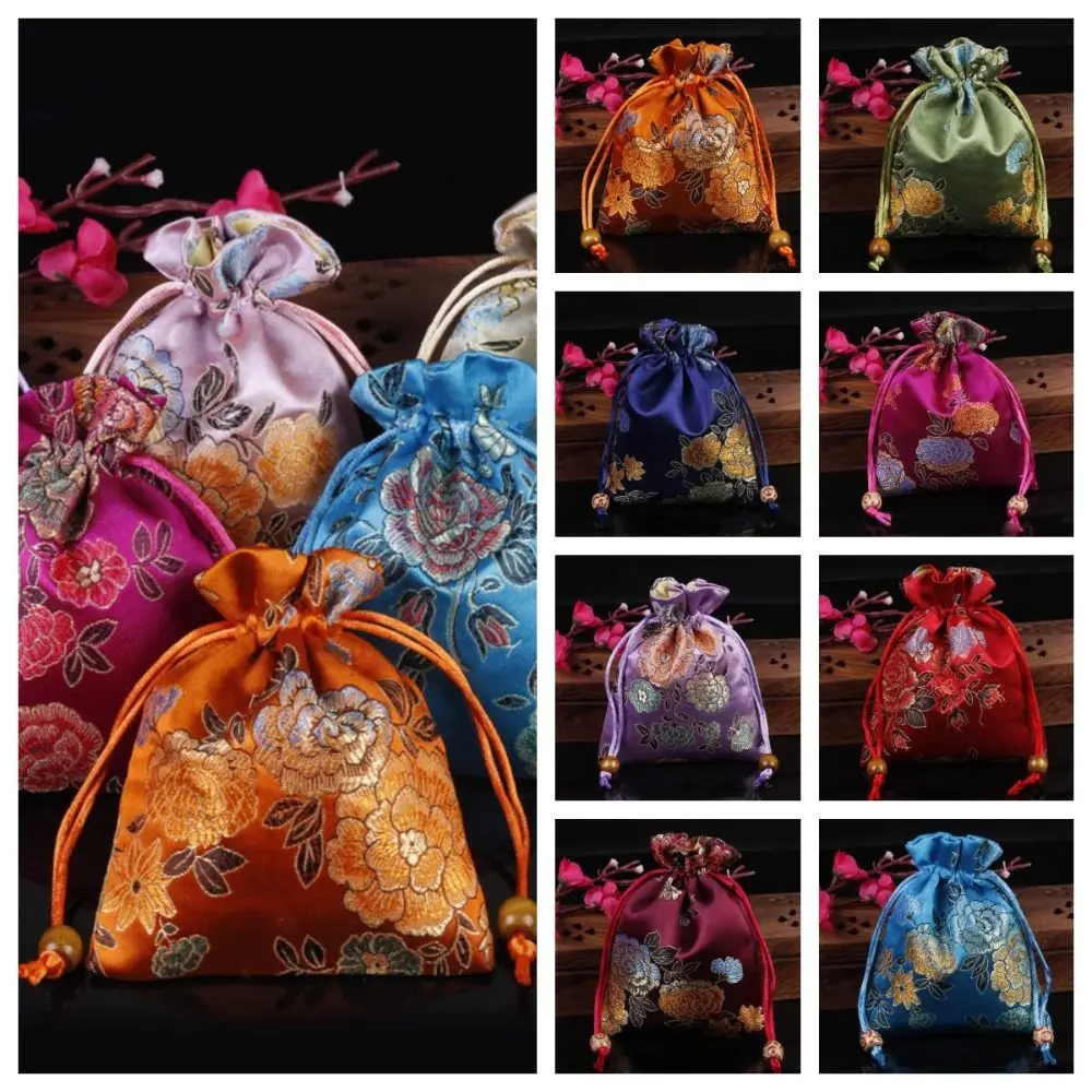 Floral Embroidery Flower Drawstring Bag Coin Purse Chinese Style Jewelry Packing Bag Large Capacity Ethnic Style Small Wallet