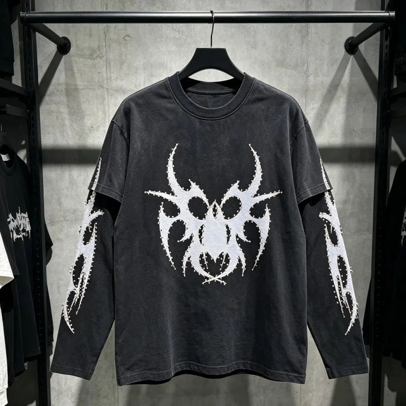 Thorn Beetle Crack Print Nail Bead Silhouette Chew Forever Long Sleeve Washed Black Waffle Patchwork Sleeves Tshirt Men Women