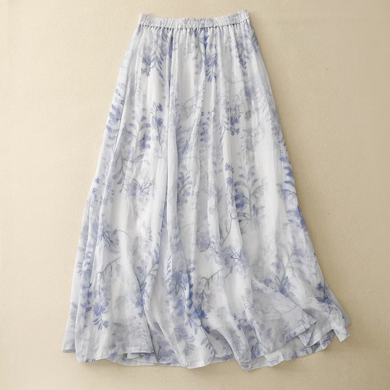 Vintage Women Skirts 2024 New Spring/summer Cotton Linen A-LINE Korean Clothing Sales Empire Loose Printed Chinese Style Skirt