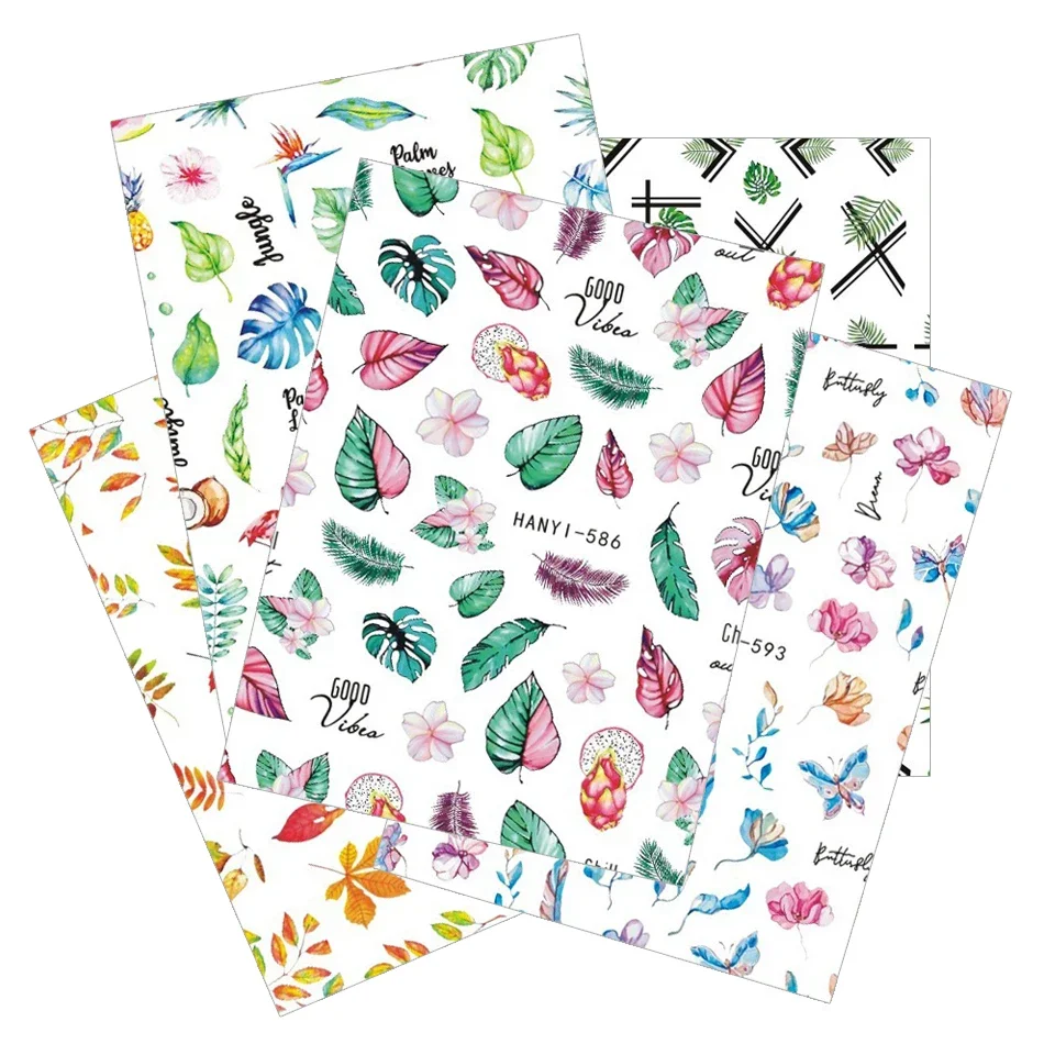 Pegatinas 3D para decoración de uñas, calcomanías deslizantes con diseño de mariposa y flores de hoja de arce coloridas, puntas de decoración para manicura DIY