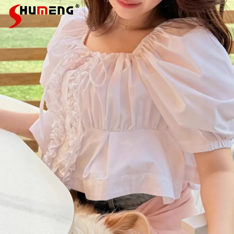 

Lotus Leaf Edge Elegant Retro Sweet Blouse Square Neck Bubble Sleeves Short Pleated Women's Top Japanese Slim-fitting Cute Shirt