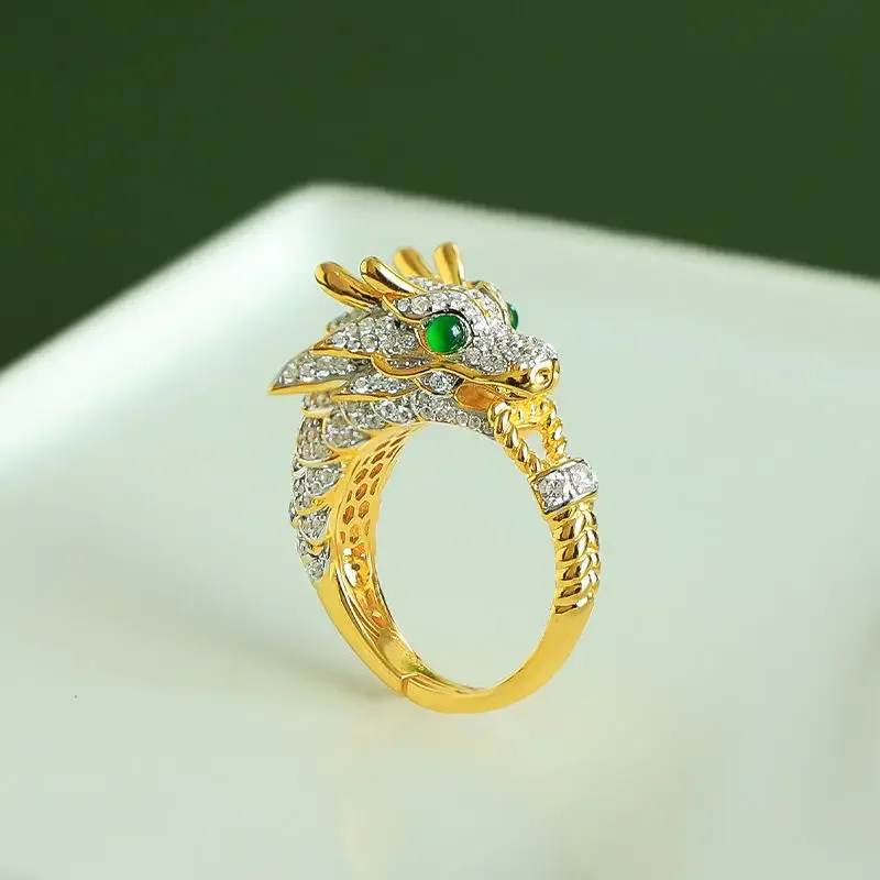 

Mencheese Year Real Dragon Ring Luxury Atmosphere Index Finger Ring Golden Green Treasure Embellished with This Lucky Year Gift