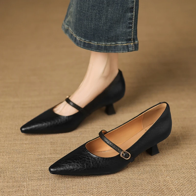 NEW Spring/Autumn Women Pumps Sheepskin Shoes for Women Pointed Toe Thin Heel Shoes Concise Shallow Buckle Strap Daily Shoes
