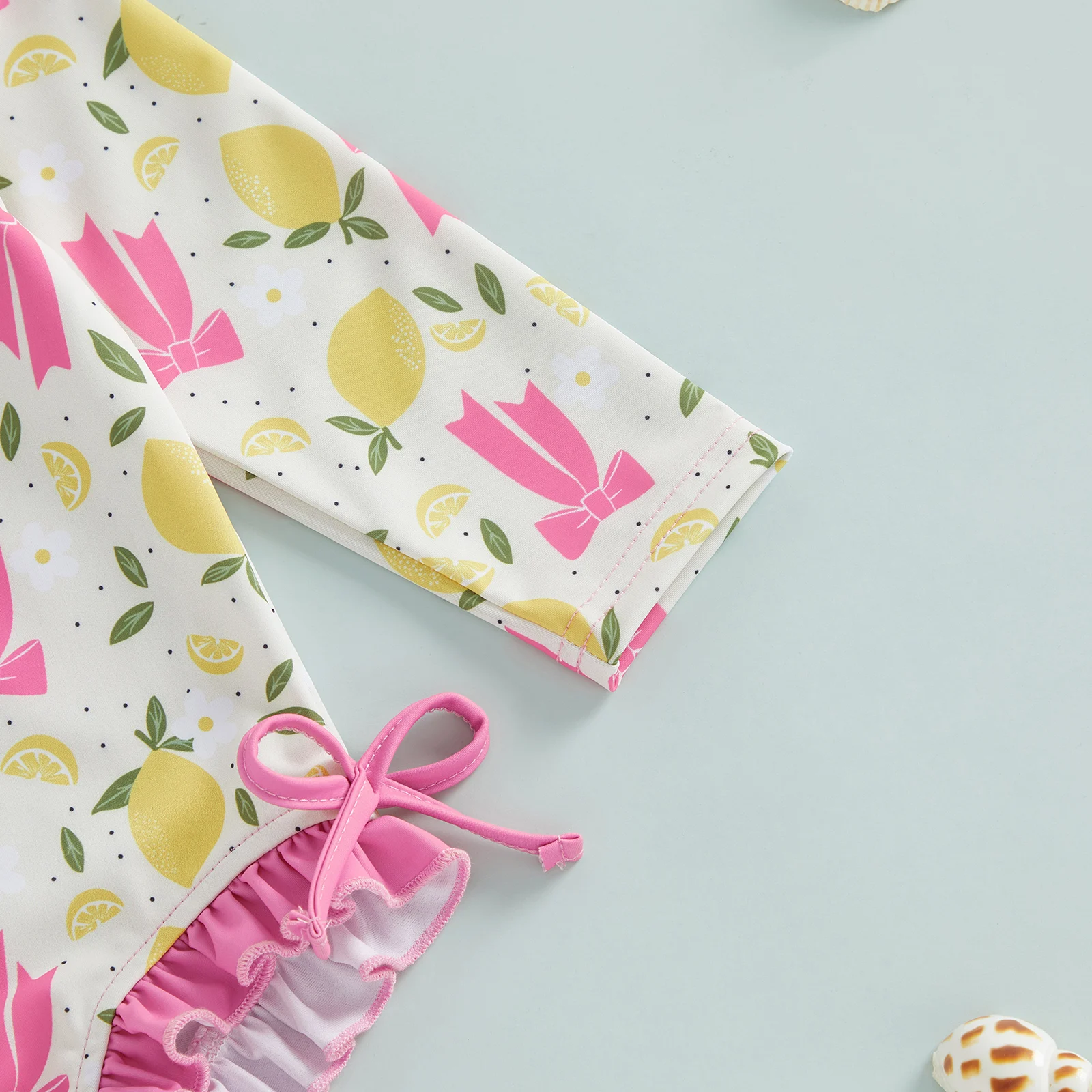 Zomer Baby Baby Meisje Badpak Set Citroen Strik Bloem Rash Guard Lange Mouw Rits Terug Badpak Cap Kleding Set