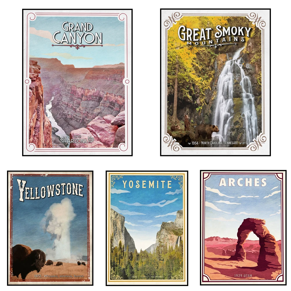 Great Smoky Mountains, Zion, Marionburg, Lassen Volcanic, Yellowstone, Yosemite, Shenandoah Valley National Park Travel Poster