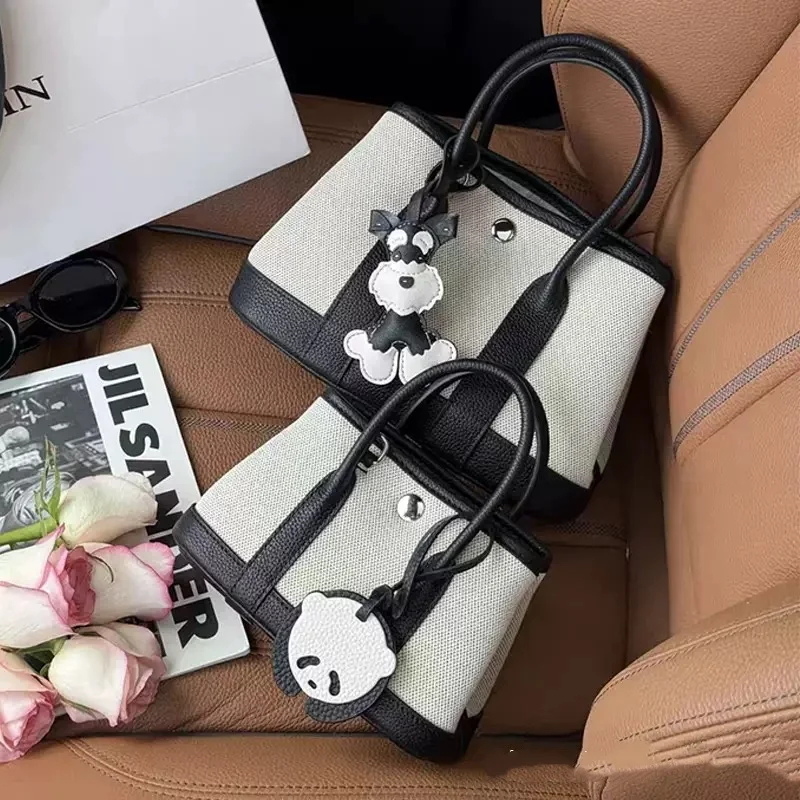 CLAREGQI Women Black White Spliced Canvas Leather Mini Handbag Detachable Crossbody Strap Casual Daily Shoulder Tote Purse