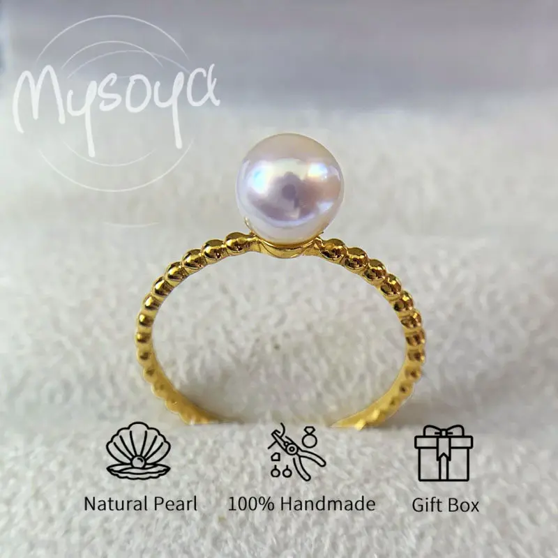 

MYSOYA Япония Akoya Seawater Pearl White Pink Tone S925 Серебристое поворотное кольцо 4,5-5 мм Подарочная коробка для нее, дня рождения, свадьбы