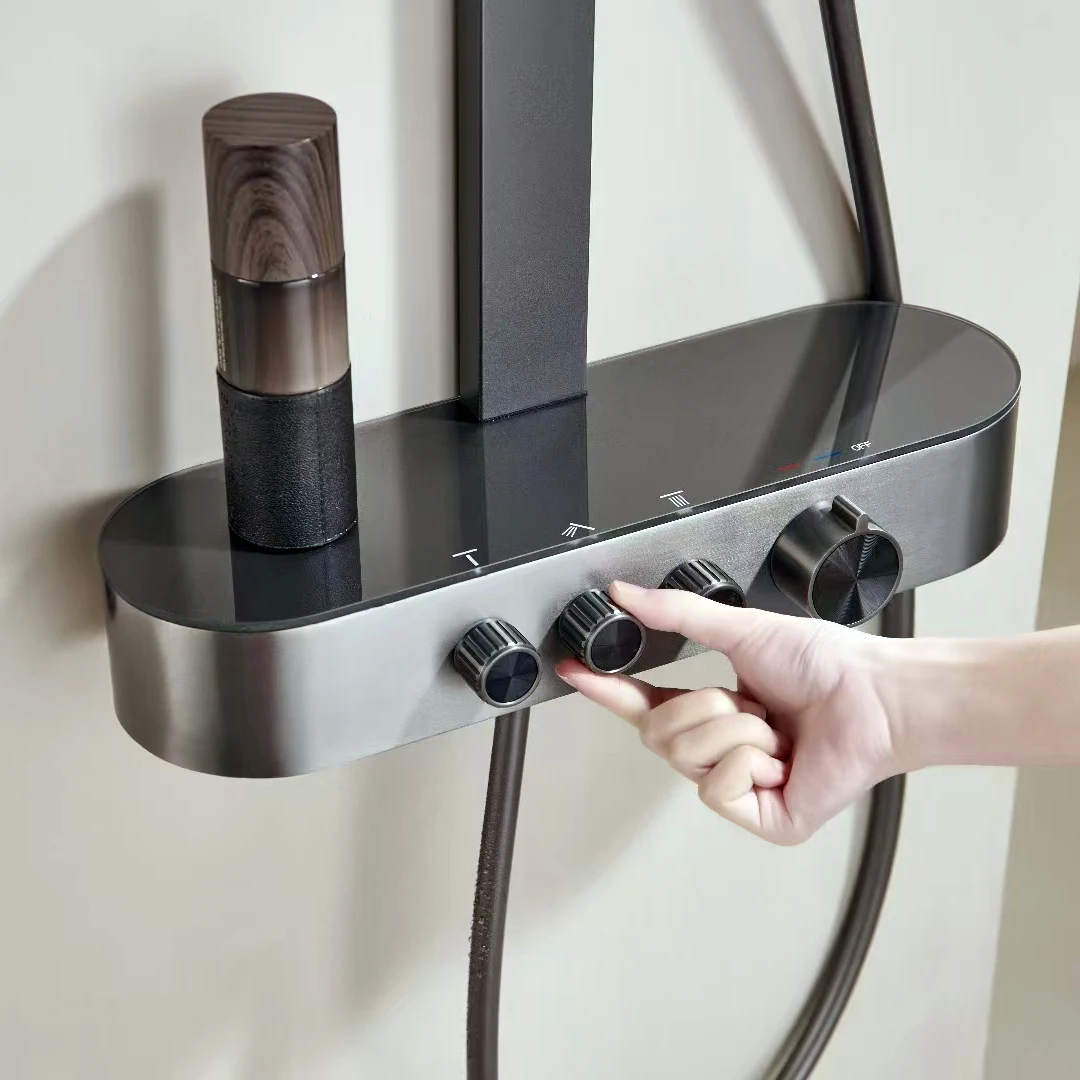 Set Pancuran Kamar Mandi Air Terjun Sistem Pancuran Kamar Mandi Panas Dingin Abu-abu Senducs 4 Fungsi Kepala Pancuran Curah Hujan Keran Kamar Mandi Kuningan