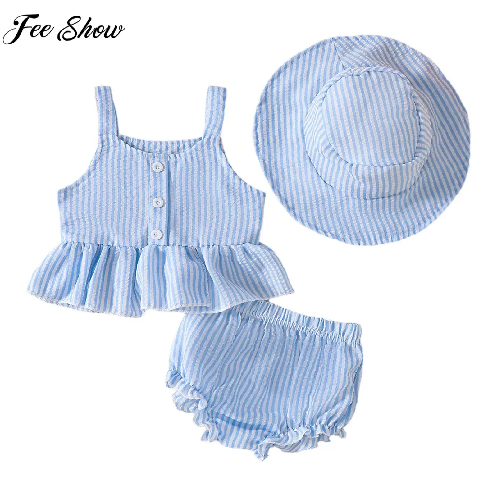 

Infant Girls Sweet Cute Outfit Sleeveless Striped Tops with Shorts Hat Summer Beach Holiday Party Photography Daily Costume Set