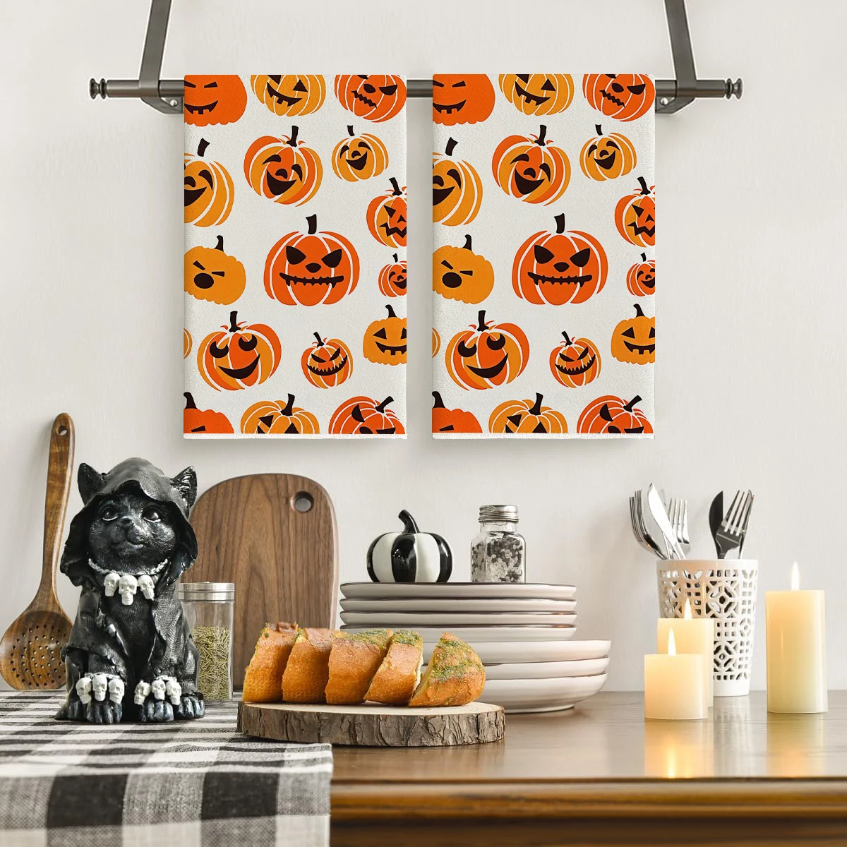 2Pcs Halloween Kitchen Towels, Funny Jack‑o‑Lantern Skull Ghost Print Absorbent Tea Towels Multi‑Purpose Cleaning Dish Cloths