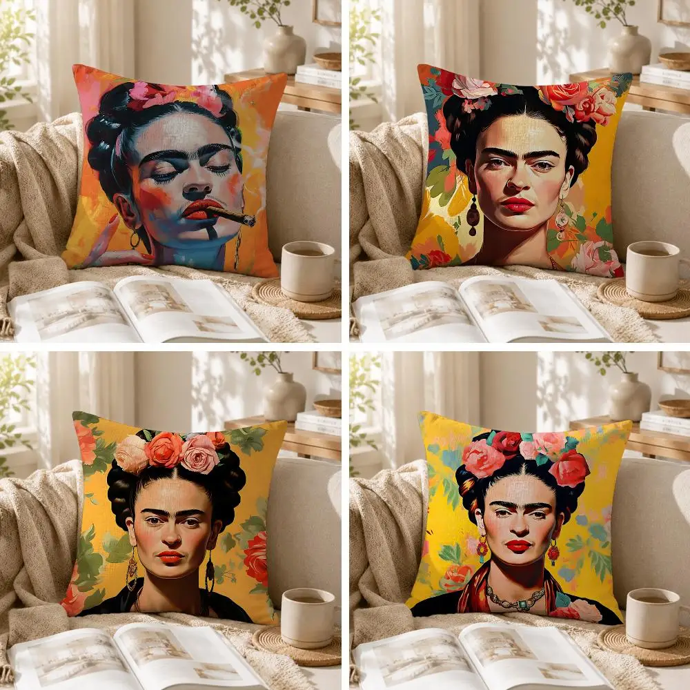 F-Frida Kahlo Classic Art Cushion Cover Natural Linen Organic Fabric Double-Sided Printing Sofa Home Decor Gift Pillow Case