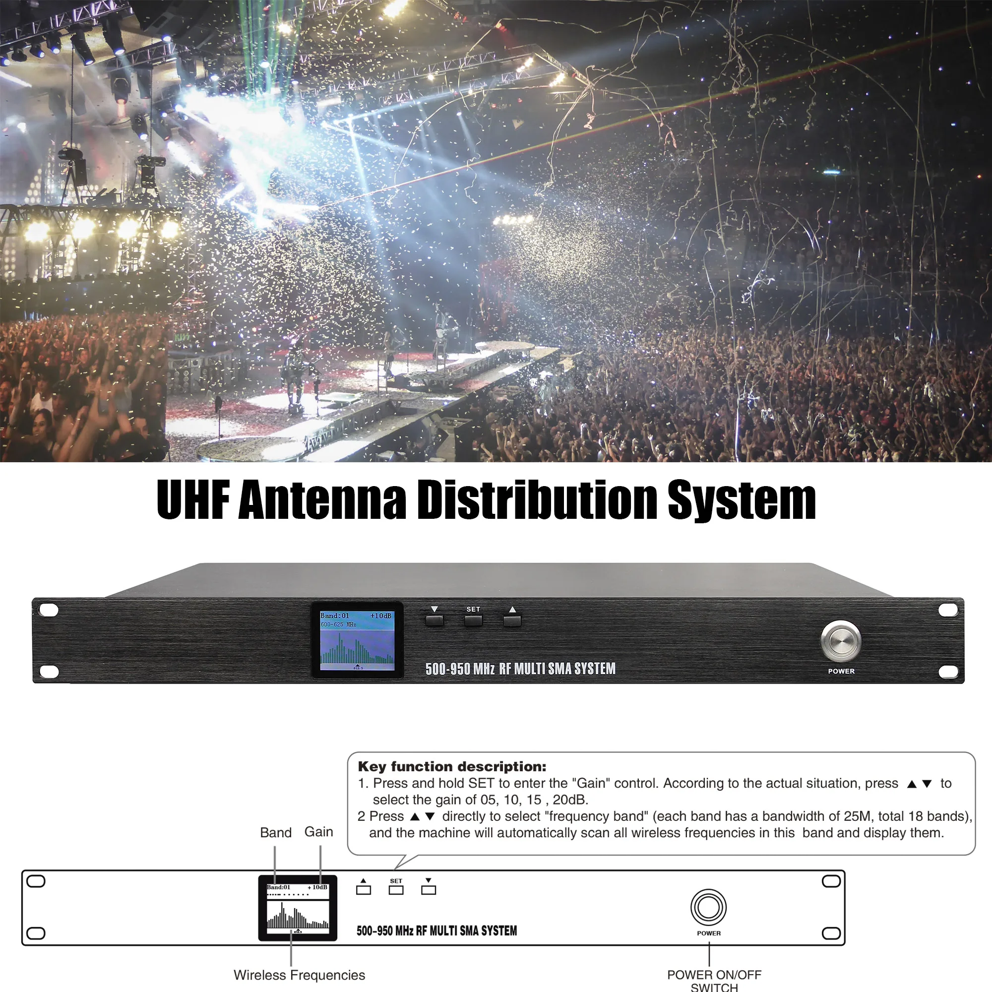 موزع إشارة نظام Leicozic UA100T RF متعدد SMA 16-CH 450-970MHz هوائي اتجاهي نشط جهاز تقسيم كسب 5/10/15/20dB