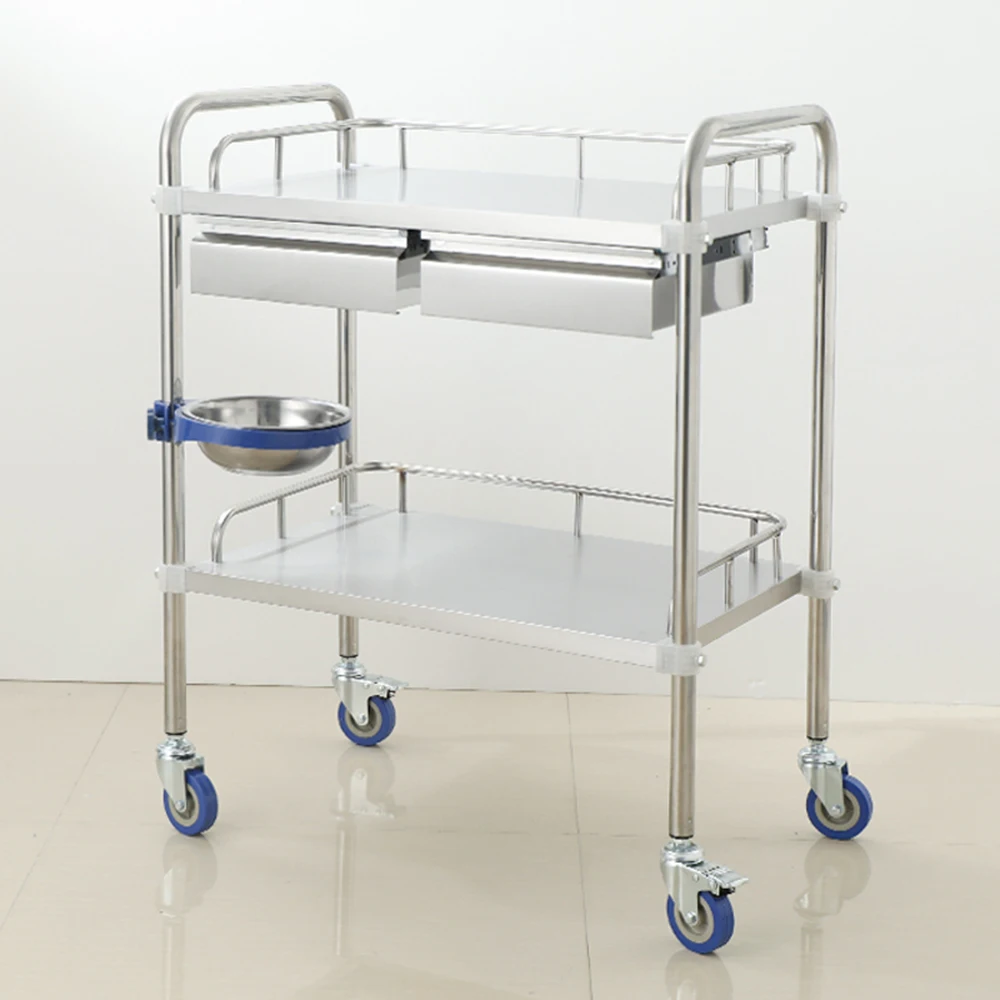 Medical Dental Lab Cart with 2 Shelves Stainless Steel Wheels Trolley with Drawers for Laboratories Clinics Hospitals