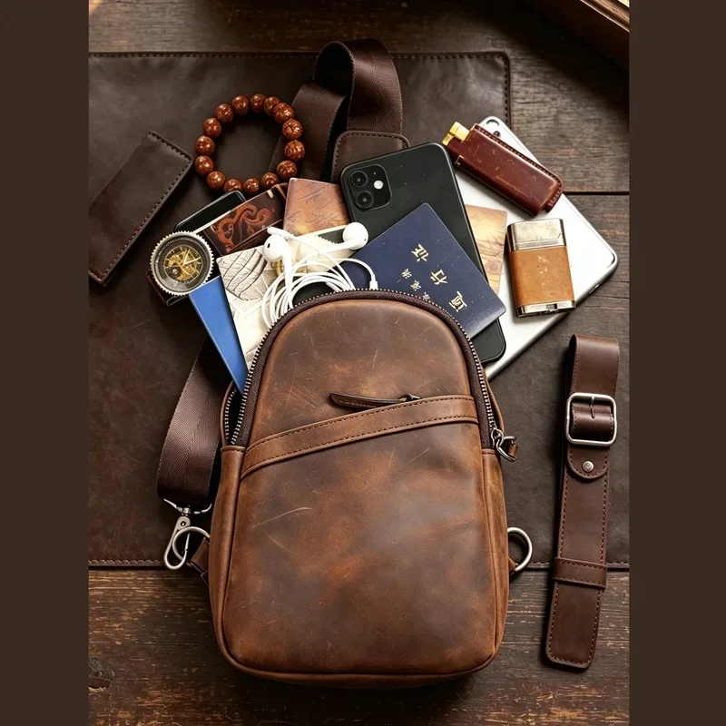 Vintage Crazy Horse Chest Bag Genuine Leather Sling Shoulder Pack High Quality Sports Backpack Messenger Crossbody Bags