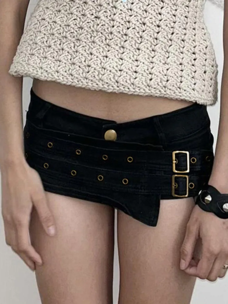 Women Black Gothic Emo Mini Denim Shorts Vintage 2000s Y2k Gyaru Punk Micro Shorts Jeans Low Rise Hot Cowboy Pants Shorts Summer