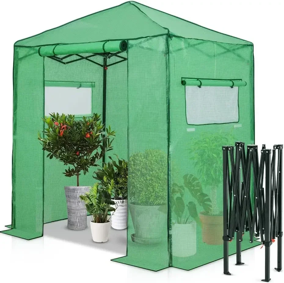 6x4 Portable Walk-in Greenhouse, Pop-up Indoor Outdoor Garden Green House, Zippered Door and Windows, PE Cover, Green