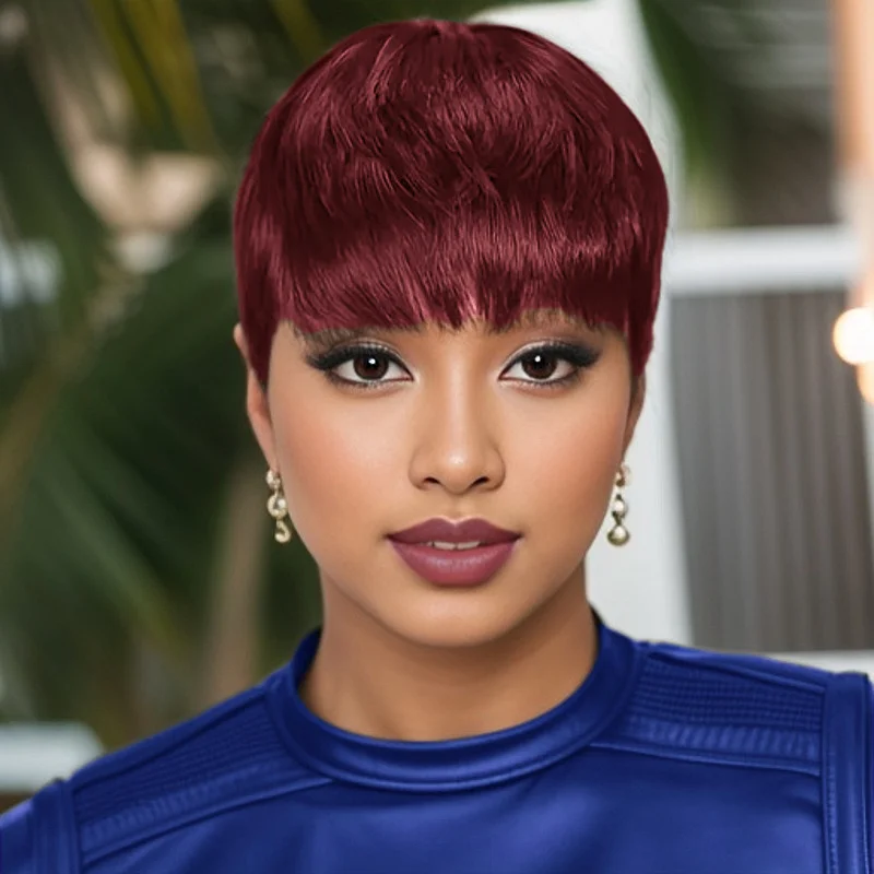 여성용 앞머리가 있는 컬러 짧은 레이어드 픽시 가발 브라질 스트레이트 인모 전체 기계식 가발