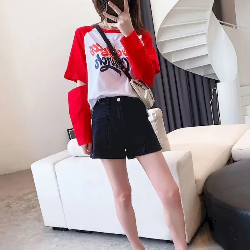 2024 Autumn New Long Sleeve Tshirt Women Korean Fashion Contrast Color Stitching Hollow Loose Top Women Plus Fashion Graphic Tee