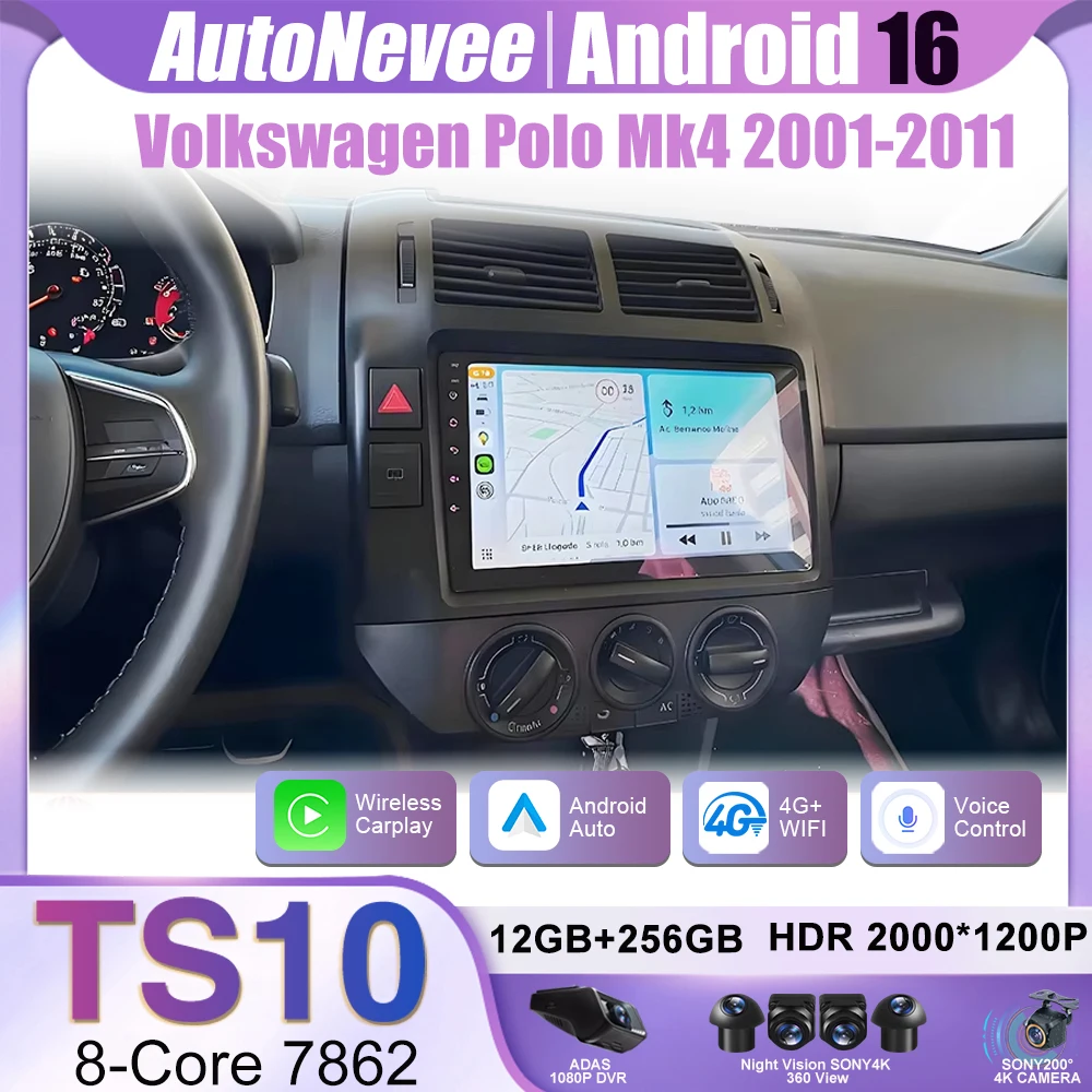 Pour Volkswagen Polo Mk4 2001 - 2011 Autoradio Android 16 Lecteur Multimédia GPS 2din Navigation Carplay Android Auto 4G DVD 8CORE