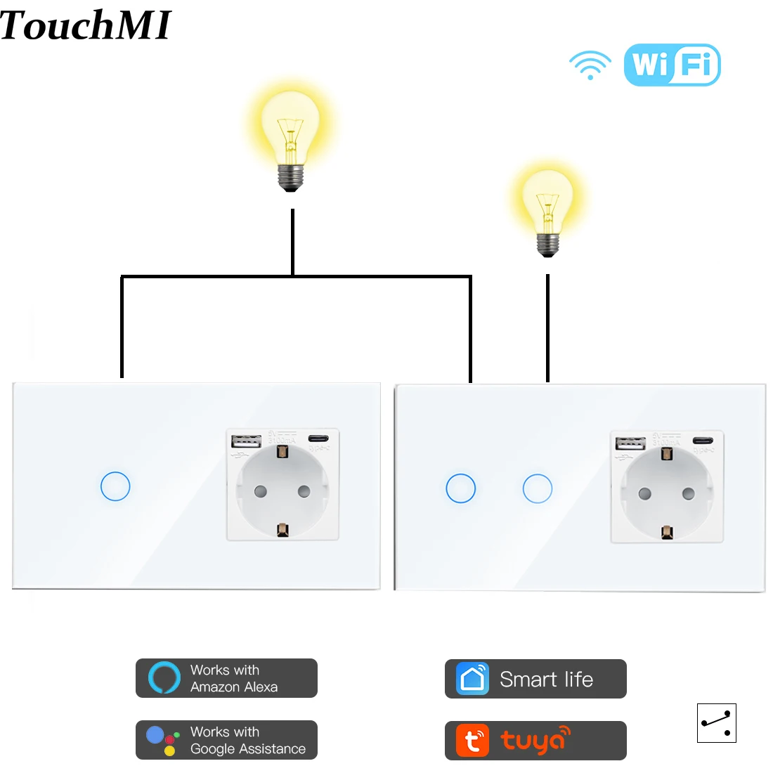 

Touchimi Tuya Wifi Smart Sensor Switches 1/2/3Gang2way Plus EU Wall Socket With Type C USB Ports Smart Life Google Alexa Control