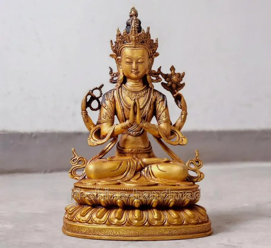 Chenrezig Kwan-yin 4 arms guanyin Divinity Old Bronze gilt Buddha Statue 30cm