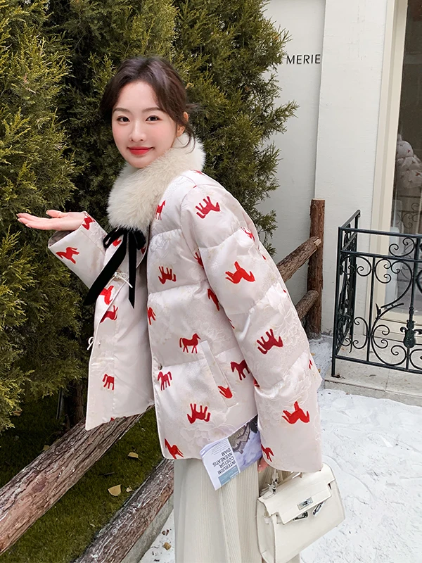 Novo Casaco de Inverno Feminino com Estampa Chinesa, Jaqueta de Plumas com Gola de Pele Quente e Design Elegante