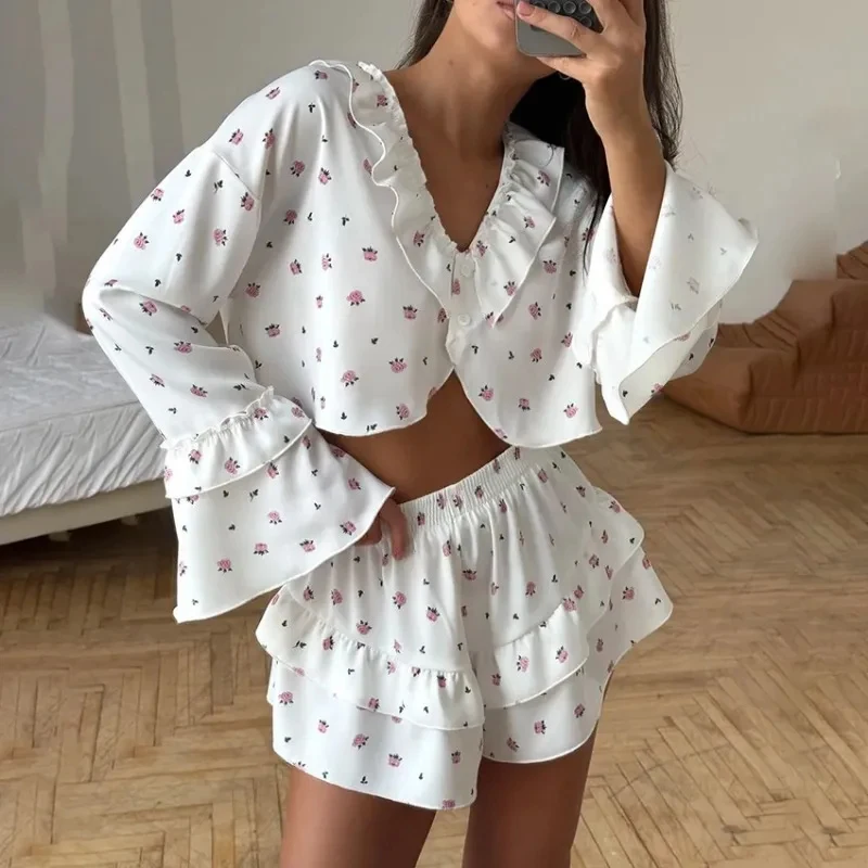 2026 European American Style Women's Comfortable Long Sleeve 2PCS Sets Pajama Set with Love Print and Lotus Leaf Edge Home Wear