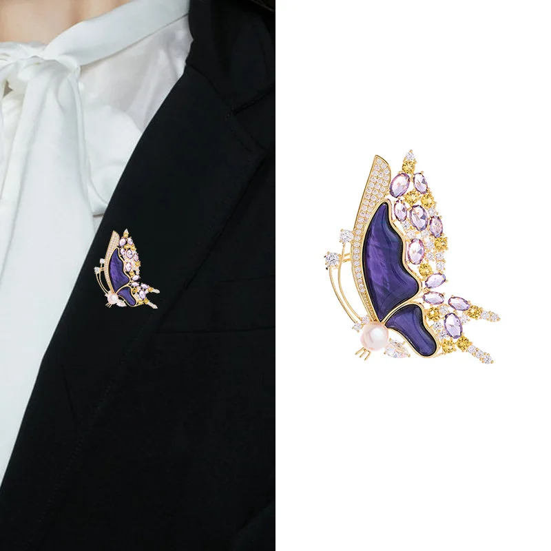 Пресноводный жемчуг, фиолетовая ракушка, брошь-бабочка, слегка инкрустированный цирконом, роскошный и элегантный аксессуар для костюма, вечерний корсаж.