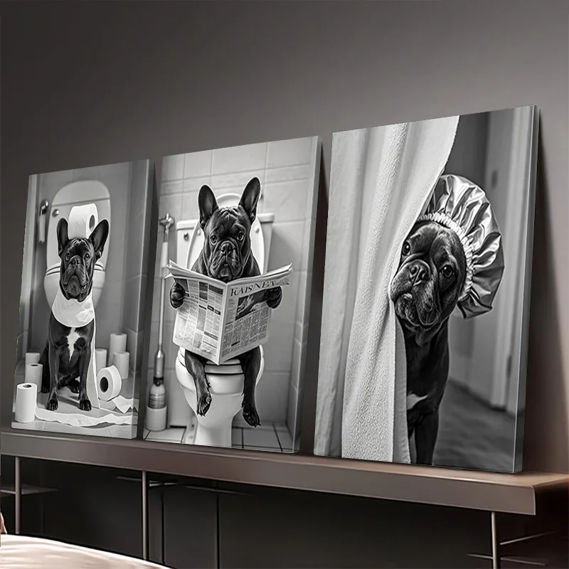 3 Piece Black and White French Bulldog Bathroom Wall Art - Humorous Dog Reading Newspaper Canvas Prints, Great for Home Decor