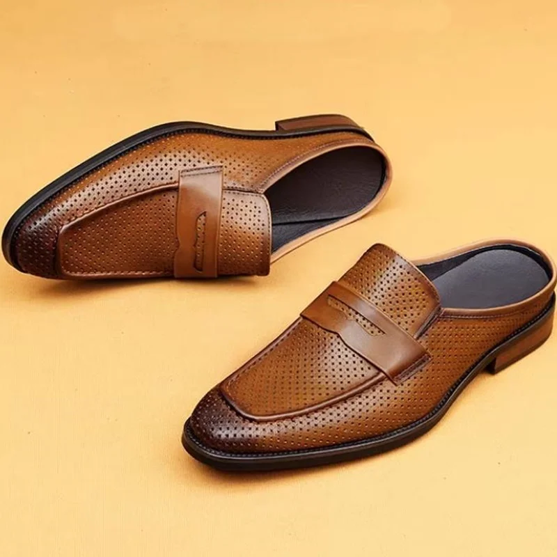 New High Quality Leather Slippers For Men New Summer Shoes Square-toe Hollow-out Half-slipper Mule Shoes Closed-toe Sandals