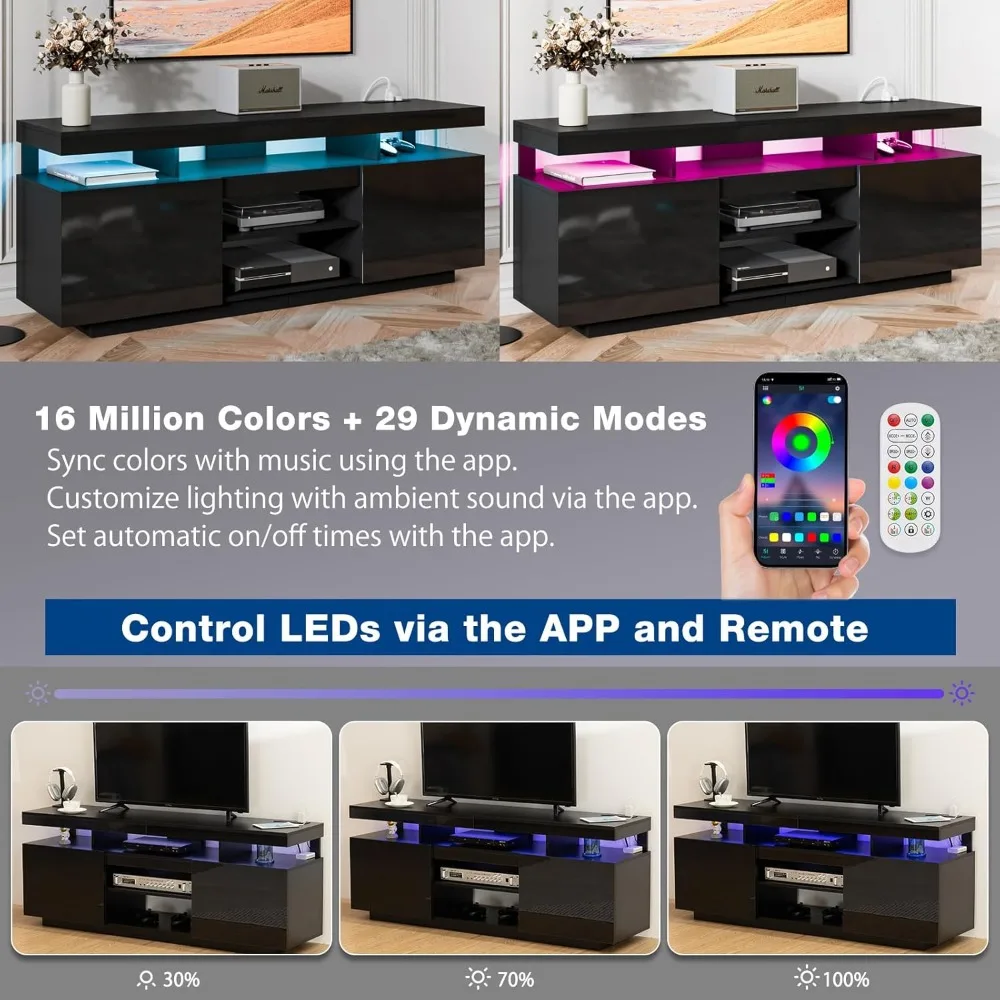 حامل تلفزيون LED 70 بوصة مع منافذ طاقة، مركز ترفيه حديث طويل القامة مع أضواء LED لغرفة المعيشة، 70 بوصة #4