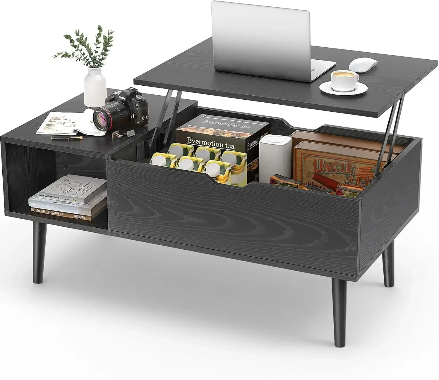 Coffee Table Black, Lift Top Coffee Tables for Living Room, Small Rising Wooden Dining Center Tables with Storage Shelf