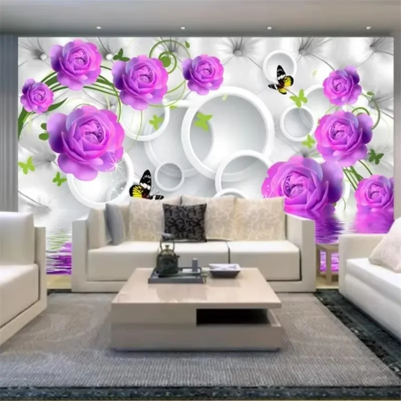 Aangepaste behang 3D mode woondecoratie paarse roos elegante mode woonkamer TV achtergrond muur muurschildering
