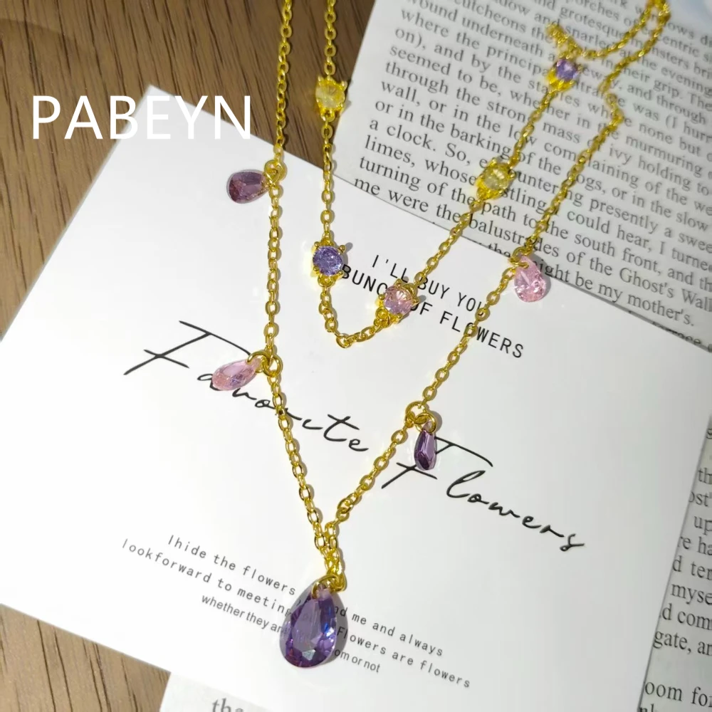 925 Sterling Silver Fashion Vintage Double Layer Stacked Water Drop Zircon Pendant Necklace Birthday Anniversary Gift