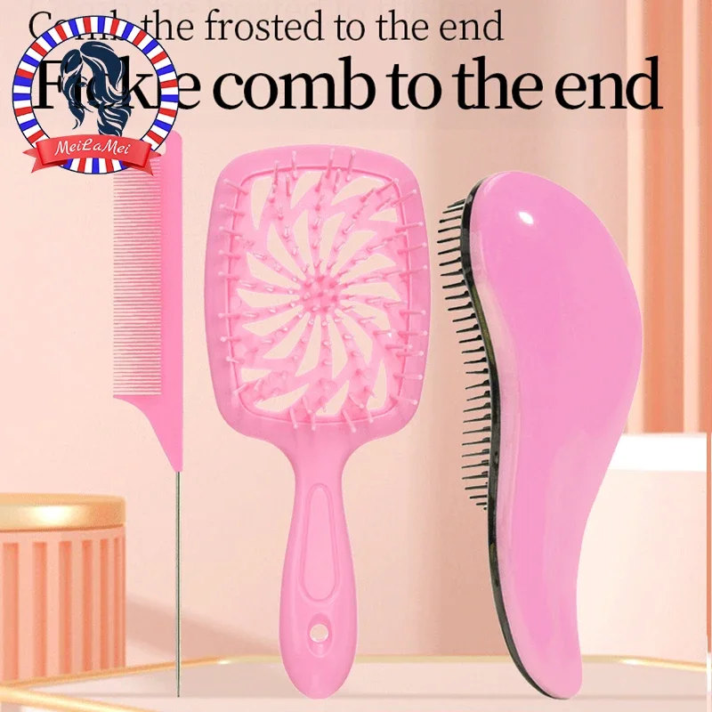 3-teiliges Haarbürsten-Set, hohler Kamm, Haarkamm, spitzer Schwanzkamm, lockige Mädchen-Methode, entwirrende Haarbürste für Echthaar-Perücken