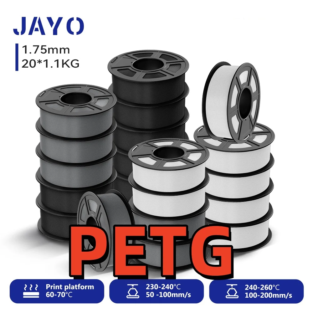 

JAYO 20Roll PETG 3D Printer Filament 1.75 ±0.02mm 1.1kg/roll BK+WT+GY High Toughness Neatly Wound Filament Fit Most FDM Printer