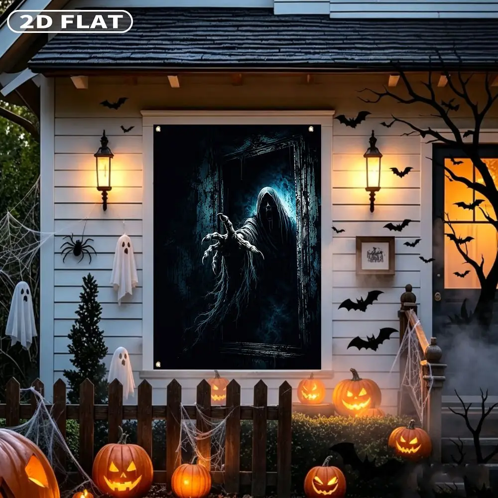 2D FLAT 1pc Party Banner, Halloween Window Cover with Ghostly Figure Reaching From Dark Doorway,122x88cm, Polyester