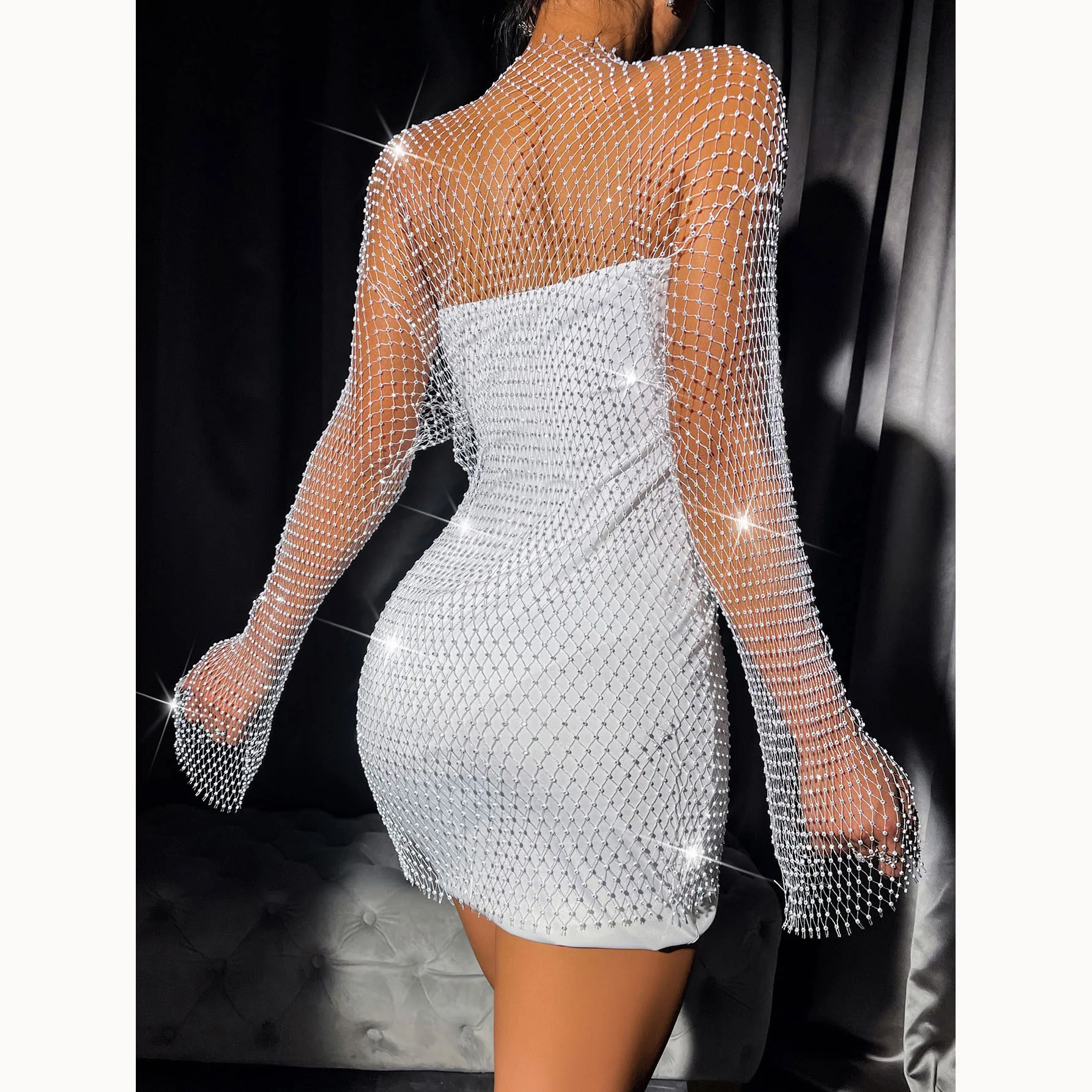 2024 Women's Long Sleeve Mesh Dress Sexy Spice Black Fishnet One Piece Long Summer Coverups Dresses