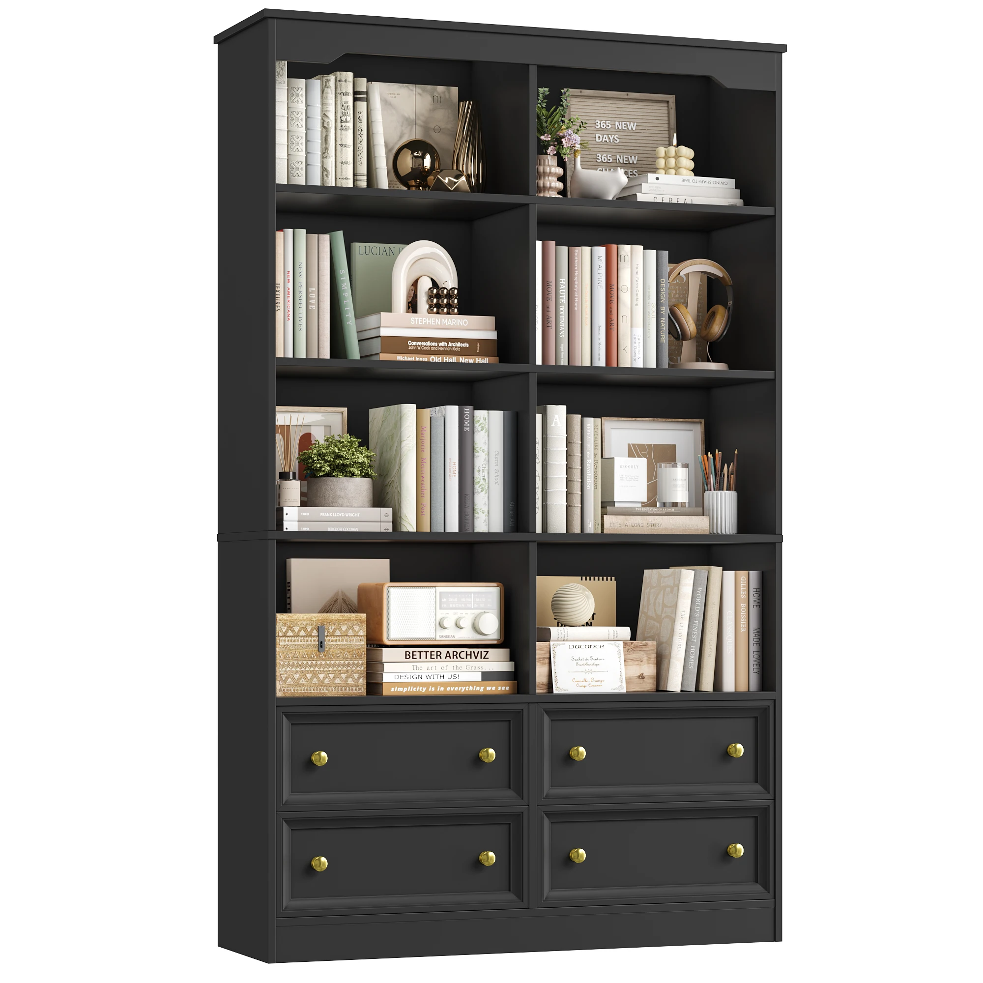 Getone Boekenkast 6-laags wit met laden, 8 open vakken, boekenkast woonkamer, hoge schappenkast, vrijstaande displaykast voor kantoor en thuis, 180x100x30cm