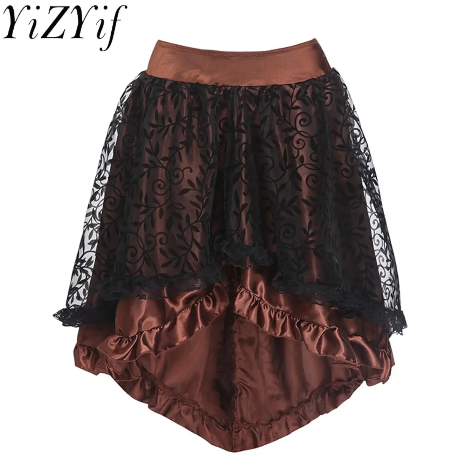 

Women Medieval Gothic Skirt Velvet Flocked Mesh Ruffled Trim High-low Hem Skirt Victorian Vampire Skirt for Halloween Cosplay