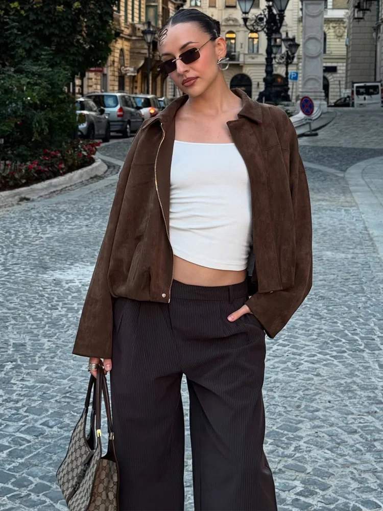 HH Vintage frauen Wildleder Textur Bomber Jacke Herbst Revers Zipper Lange Sleeve Zipper Oversize Weibliche High Street Oberbekleidung