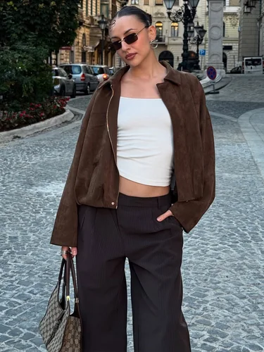 HH-Chaqueta Bomber Vintage con textura de ante para mujer, ropa de abrigo de calle de gran tamaño con cremallera de manga larga y solapa de otoño